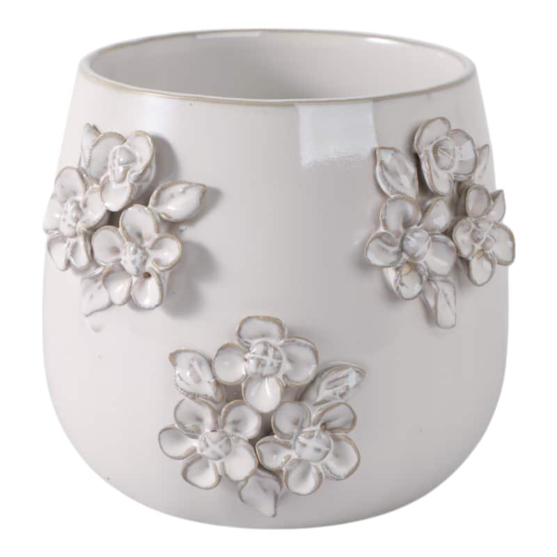 Ceramic Planter with Raised Floral Detailing and Glossy Texture - 6" x 6" x 6"