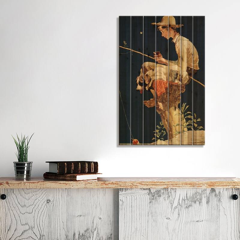 Boy Fishing Print On Wood by Norman Rockwell - Multi-Color