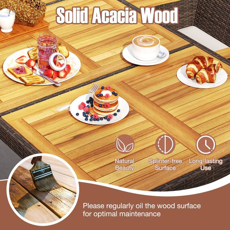 Gymax 9 Pieces Patio PE Wicker Dining Set Outdoor Acacia Wood Table &