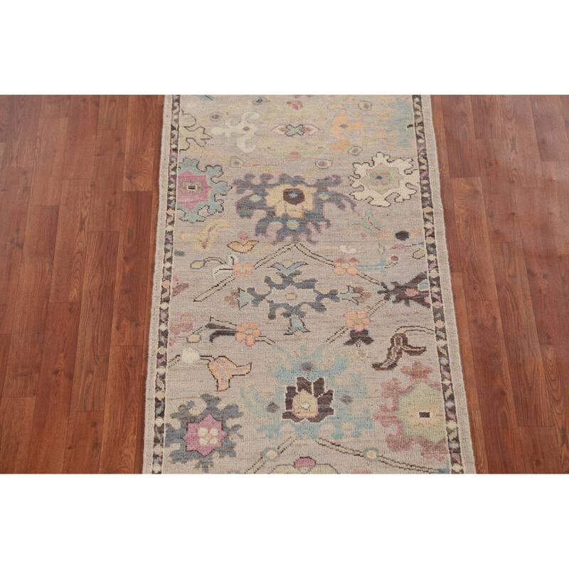 Hand Knotted Oriental 100% Wool Carpet Transitional Floral Beige & Ivories Oushak Runner Rug - 13' 8'' X 2' 7''