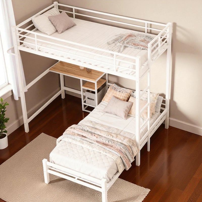 Twin Over Twin Metal Bunk Bed with Desk, L-Shaped Loft Design, Storage Shelves, Drawers, Guardrails and Ladder for Teens