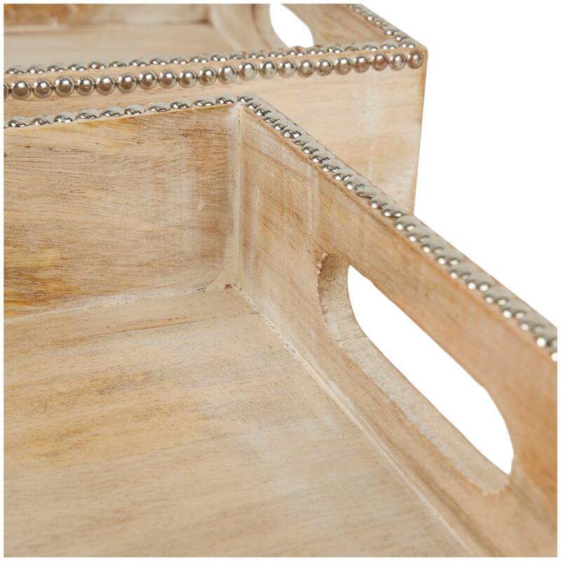 Light Brown Mango Wood Living Room Decor Tray with Silver Beaded Rim (Set of 2)