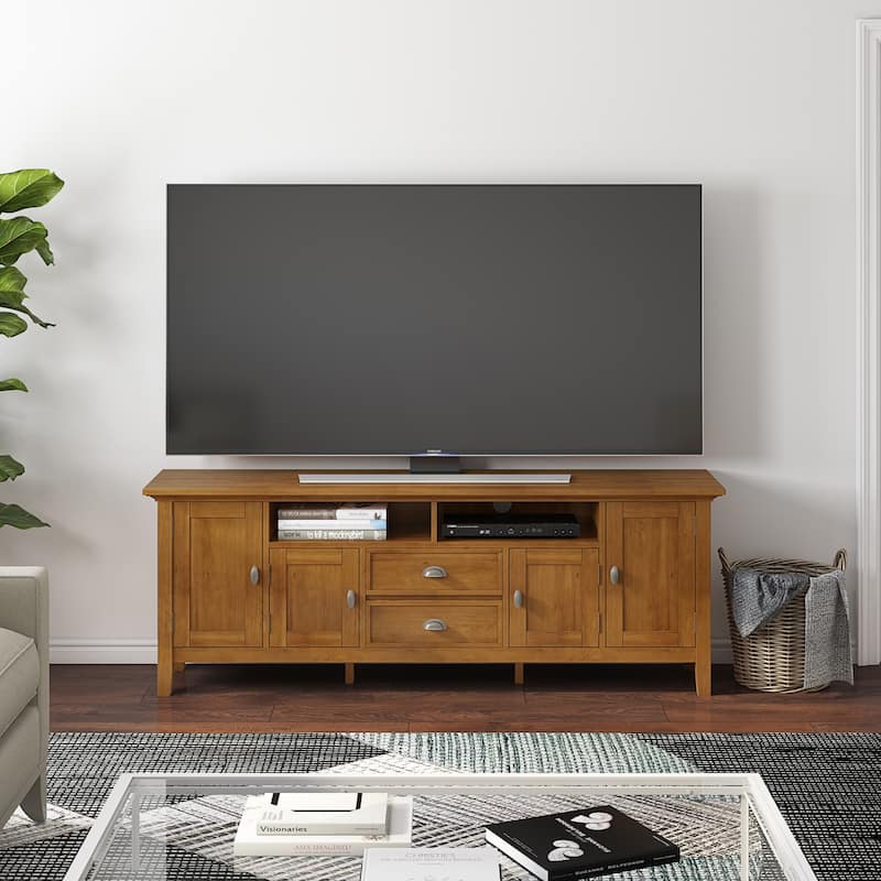 WYNDENHALL Mansfield SOLID WOOD 72 inch Wide Transitional TV Media Stand For TVs up to 80 inches - 72'' W x 16.5'' D x 26'' H - Light Golden Brown