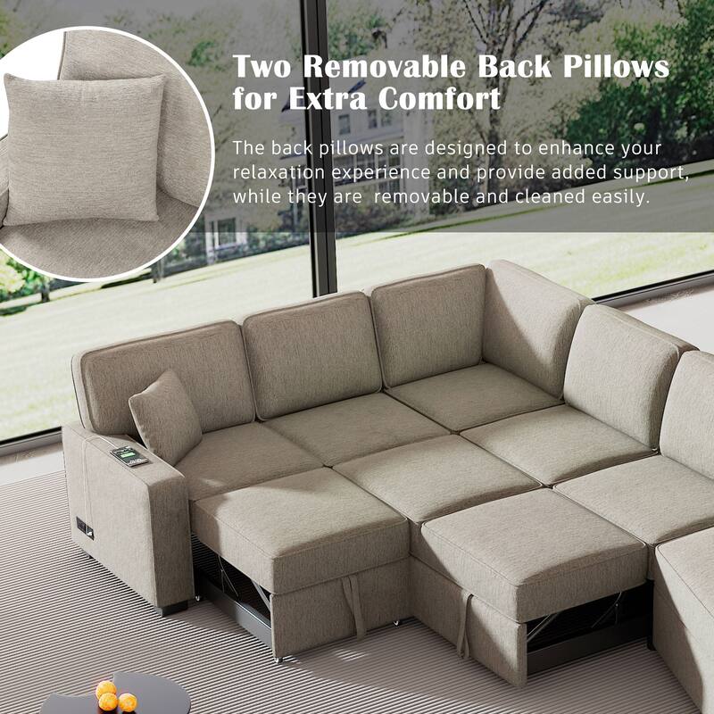 Beige 126" L-Shaped 6-Seater Sectional Sofa with Pull-Out Bed, USB Charging Ports, and Drop-Down Cup Holder Tables