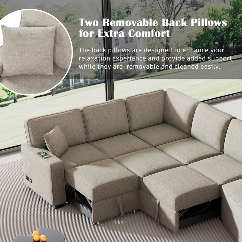 Roomfitters L-Shaped Sectional Sofa with Pull-Out Bed, Integrated Charging Devices, and Convenient Cup Holders