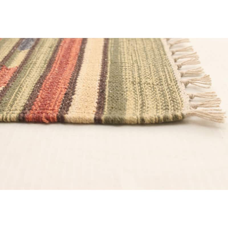 ECARPETGALLERY Flat-weave Bold and Colorful Cream, Olive Wool Kilim - 2'0 x 3'0