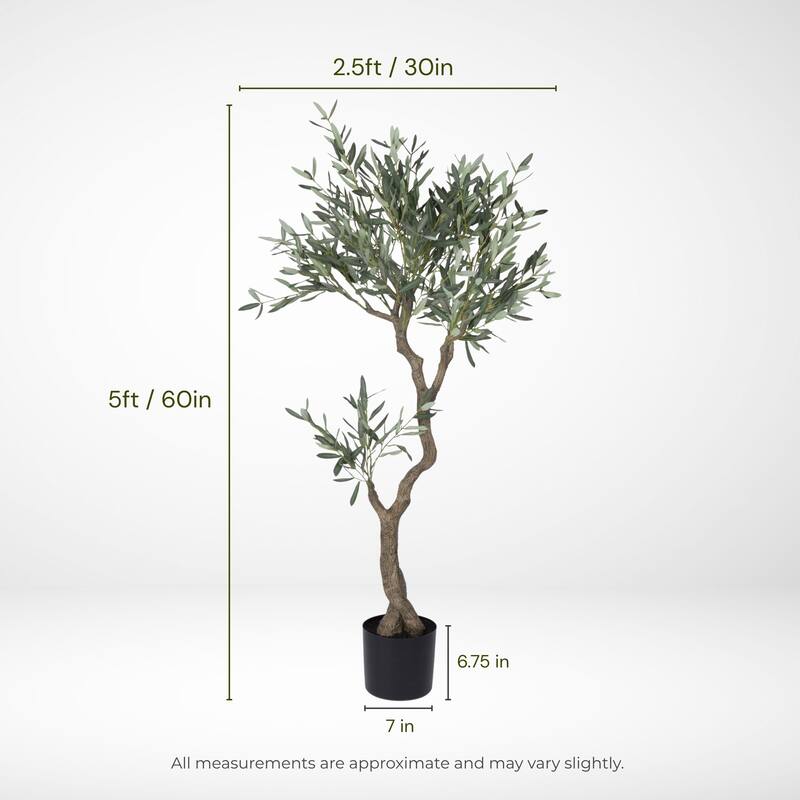 Evergreen 60-inch Faux Olive Tree in Black Nursery Pot with Realistic Leaves and Natural-Look Trunk