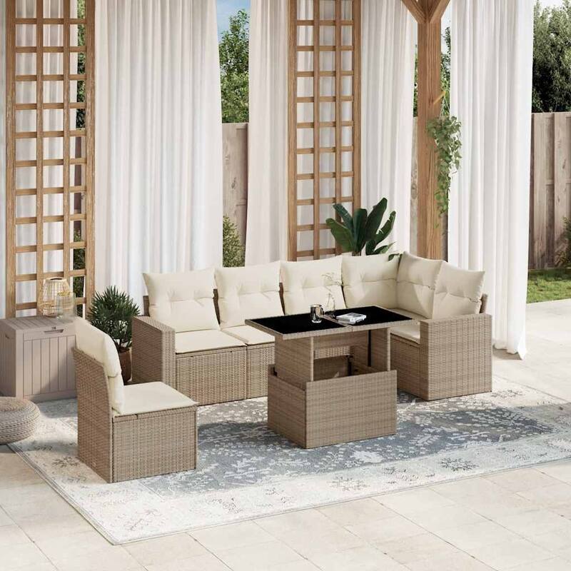 vidaXL Patio Sofa Set with Cushions Outdoor Furniture 7 Piece Poly Rattan - 21.7 x 39.4 x 28.7 - Beige and Cream