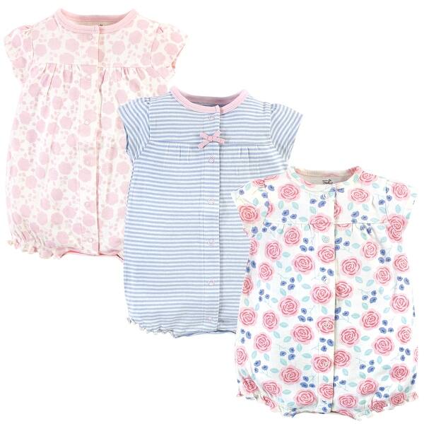 slide 1 of 1, Touched by Nature Baby Girl Organic Cotton Rompers 3pk, Pink Rose 0 - 3 Months - Blue/Pink