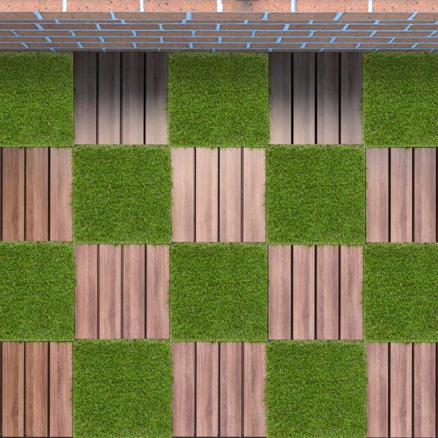 Ottomanson Evergreen Artificial Turf Interlocking Grass Tiles 12" x