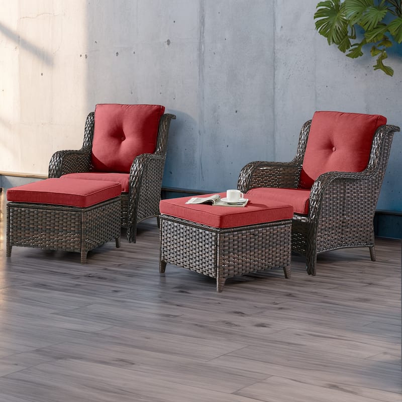 Pocassy Outdoor Patio Chairs with Ottomans Set of 4 - Brown/Red