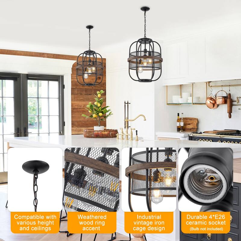 4-Light Industrial Farmhouse Black Lantern Mesh Pendant Chandelier - Dia.17.24-in