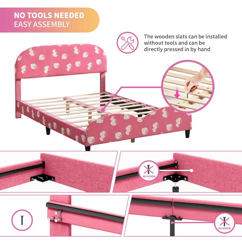 Kids Bed Frame with Headboard, Upholstered Platform Bed with Slatted Bed Base