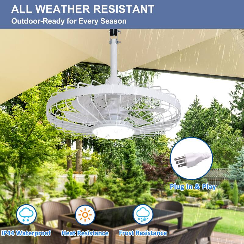 Outdoor Ceiling Fan with Light: 20 Inch Waterproof Gazebo Hanging - Plug in Remote App Control Caged Fans - 6 Speed Black