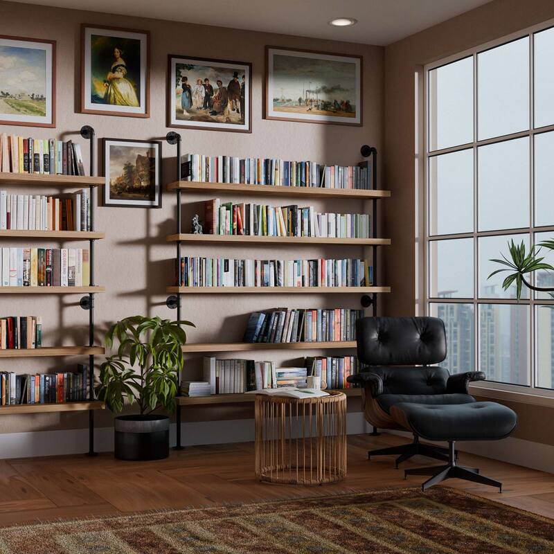 Wallniture 60" x 9.25" Pipe Bookcase, Industrial Book Shelving Unit, Hanging Shelves for Home Organization, Farmhouse, 5 Tier