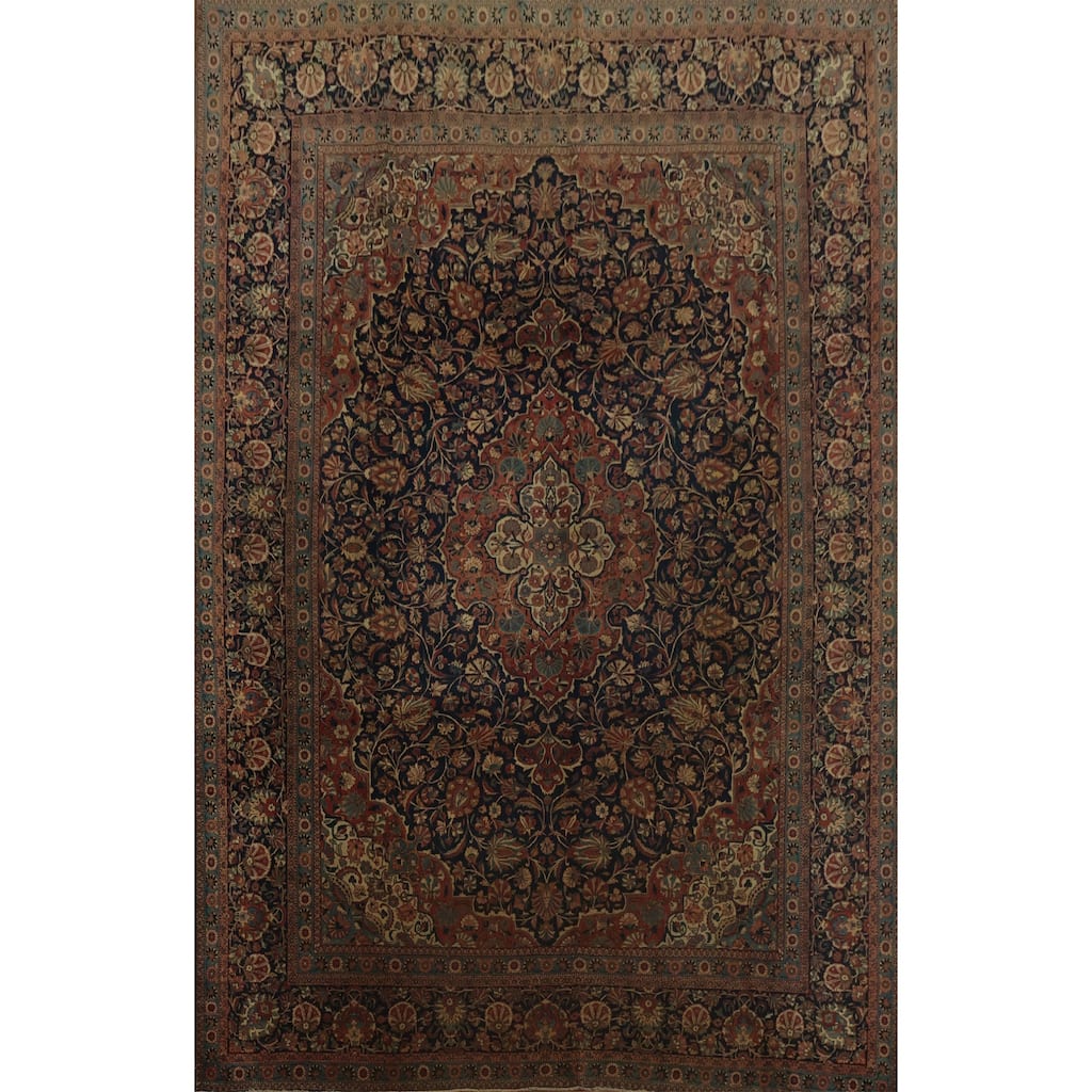 Hand Knotted Oriental 100% Wool Carpet Traditional Floral Navy Blue & Blues Kashan (Dabir) Area Rug - 11' 2'' X 8' 6''