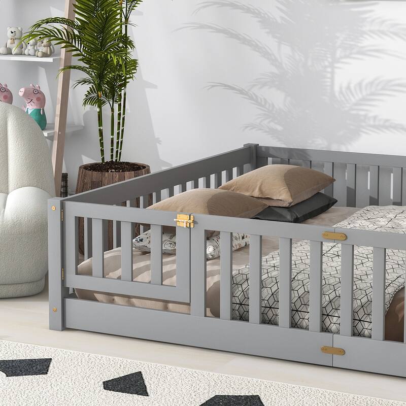 Floor Platform Bed with Fence Guardrails and Door