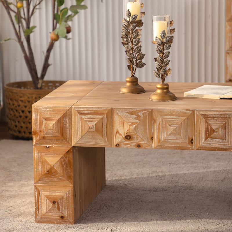 47.24" Rustic Geometric Relief Coffee Table - Solid Wood & MDF Rectangle Coffee Table with 3D Carved Details for Living Room
