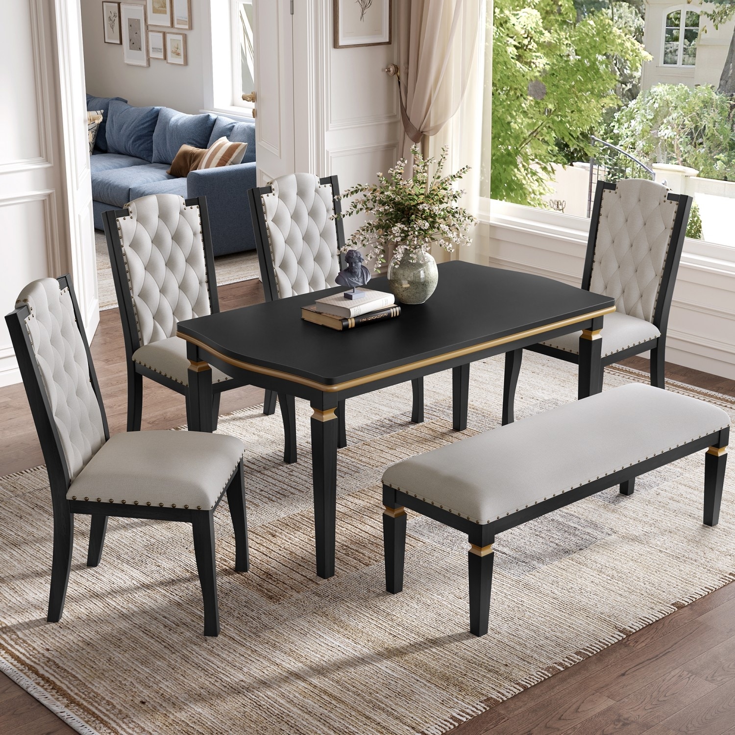 6-Piece Dining Set, 60" Rectangular Table and 4 Chairs and 1 Bench