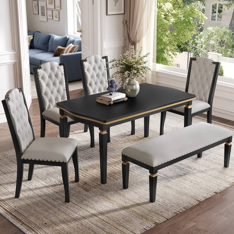 6-Piece Dining Set, 60" Rectangular Table and 4 Chairs and 1 Bench - Black