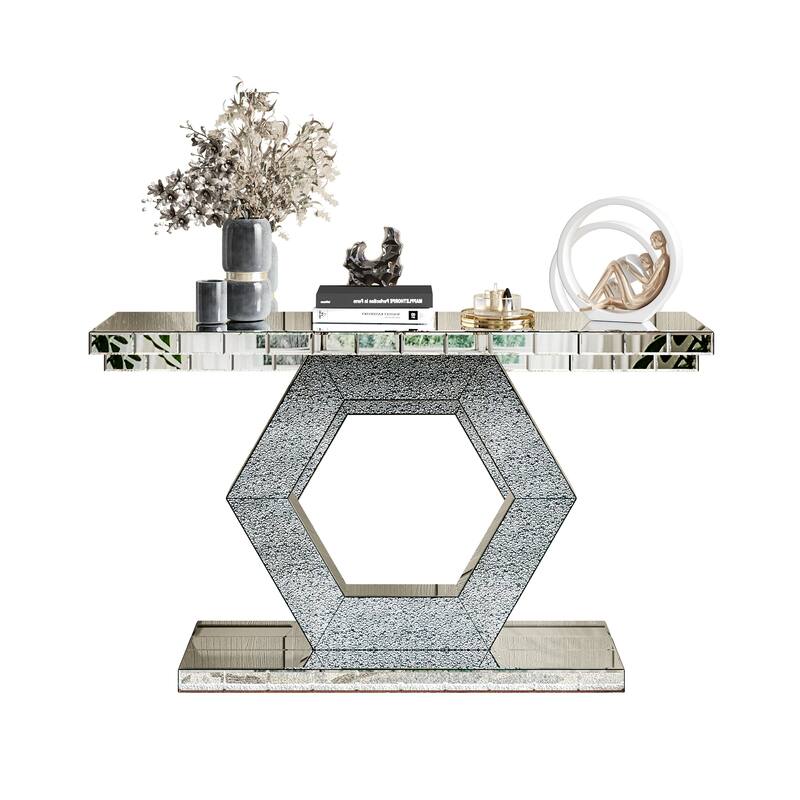Crystal Hexagon Mirror Console Table Accent Table, Solid Wood Frame Entryway Table Foyer Table with Diamond Glass Effects