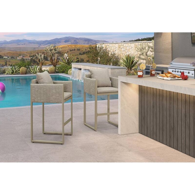 PURPLE LEAF Bar Stool Set of 2 Outdoor Rattan Bar Chair with Back Metal Bar Height Stool Wicker Barstool Dark Grey