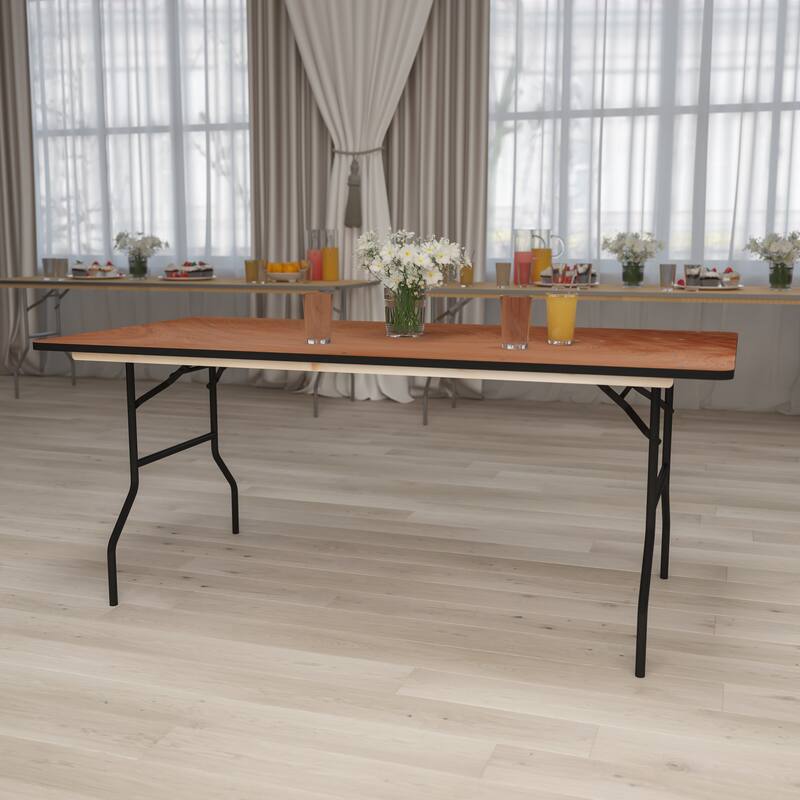 6-Foot Rectangular Wood Folding Banquet Table with Clear Coated Finished Top - Natural