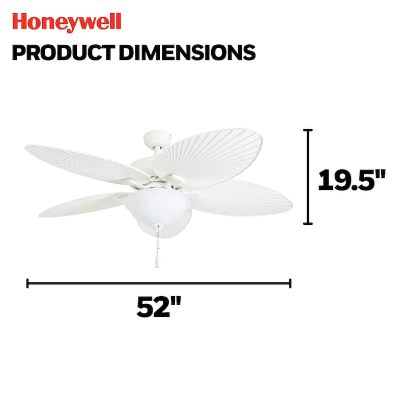 52" Honeywell Palm Island White Indoor/Outdoor Ceiling Fan with Light, Pull Chain, 5 Palm Leaf Blades
