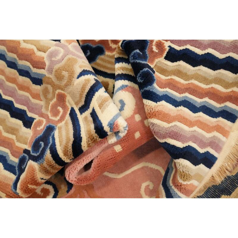 Hand Knotted Oriental 100% Wool Carpet Traditional Geometric Pink Art Deco Area Rug - 11' 1'' X 8' 0''