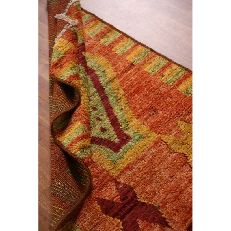 Geometric Orange Moroccan Oriental Runner Rug Hand-Knotted Wool Carpet - 3'1" x 9'9"