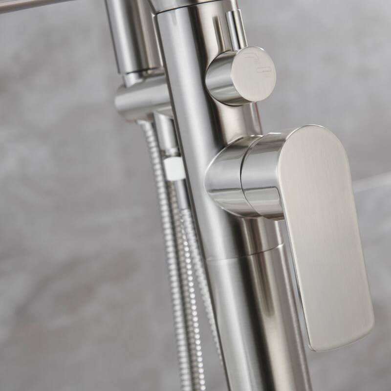 Brushed Nickel Double Handle Floor Mounted Freestanding Tub Filler with Handshower