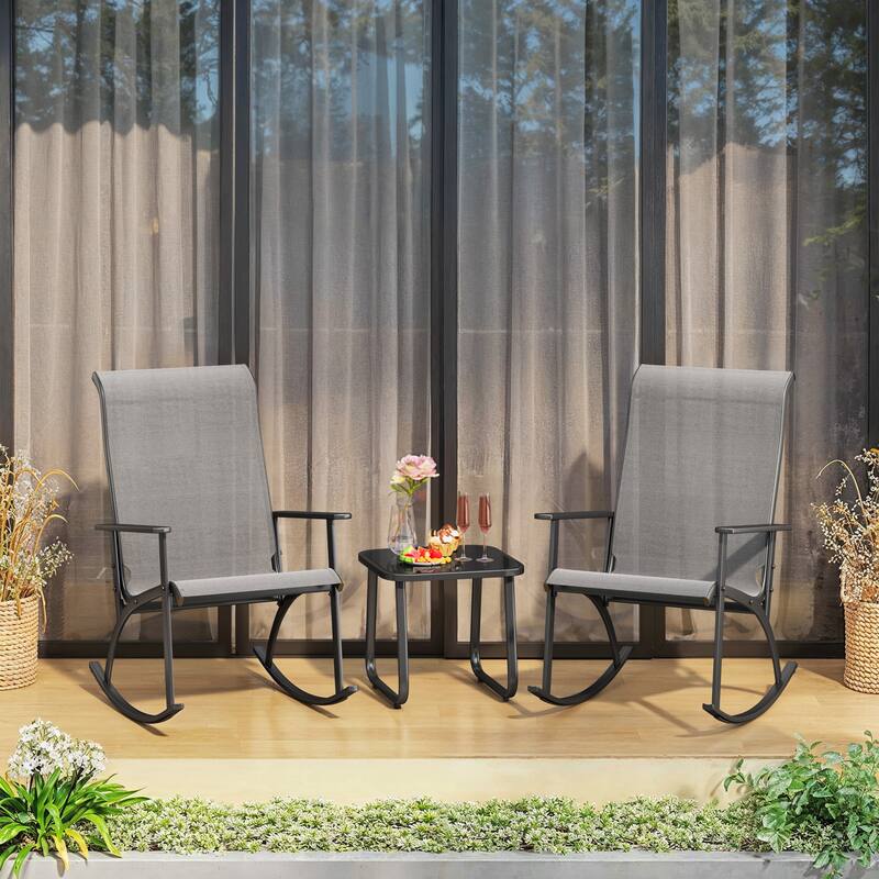 3-Piece Outdoor Bistro Set - Rattan Rocking Chairs With Coffee Table, Ergonomic Patio Furniture with High Backrest