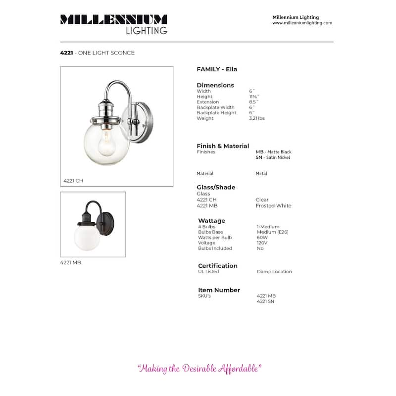 Millennium Lighting Ella Wall Sconce / Vanity Light in Chrome with Clear Glass Shades