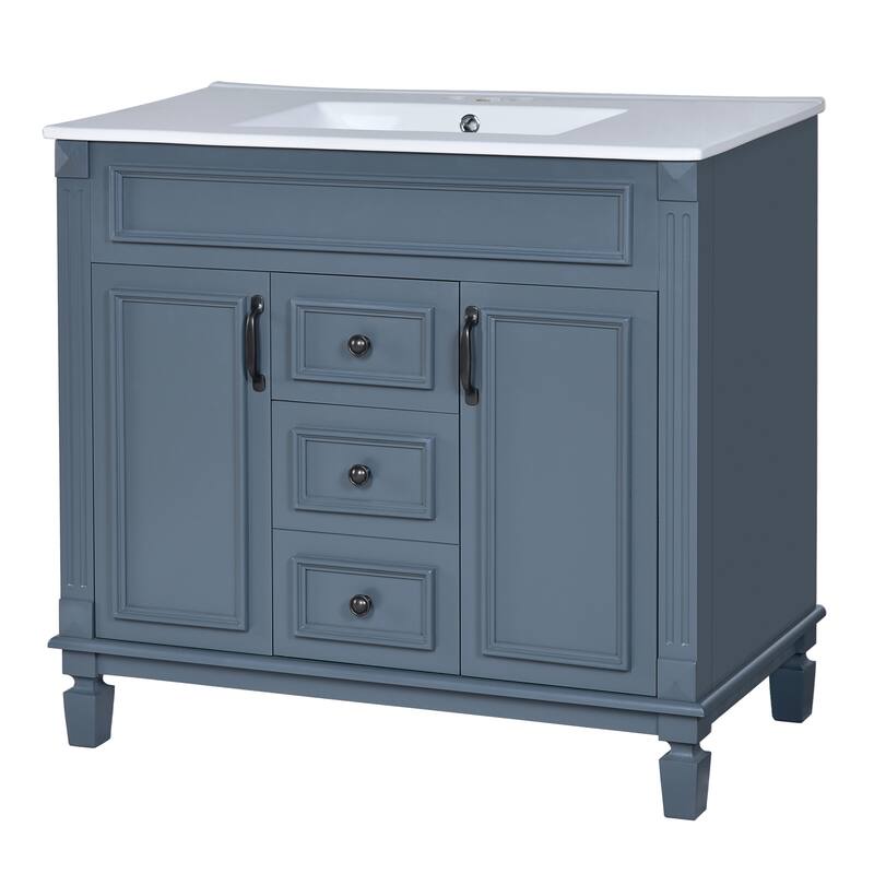 Roomfitters 36" Vanity with Sink and Mirror, Cabinet with 2 Doors and 2 Drawers, Royal Blue Modern Storage Set
