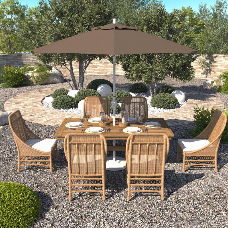 California Umbrella 9' Round Crank Lift Push Button Tilt White Aluminum Patio Umbrella Sunbrella - Taupe