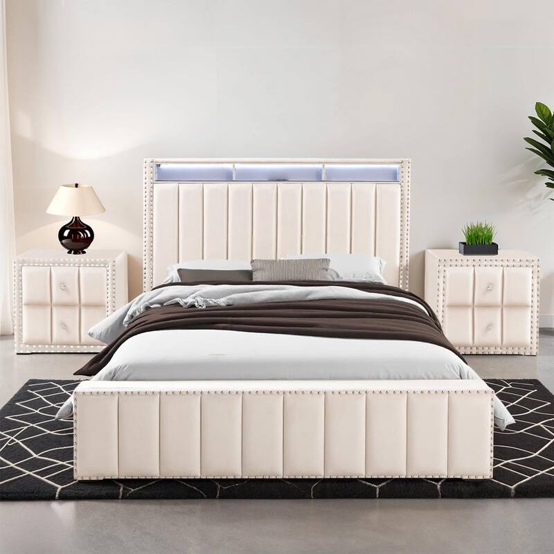 LED Modern Beige Finish 3pc Bedroom Furniture Set