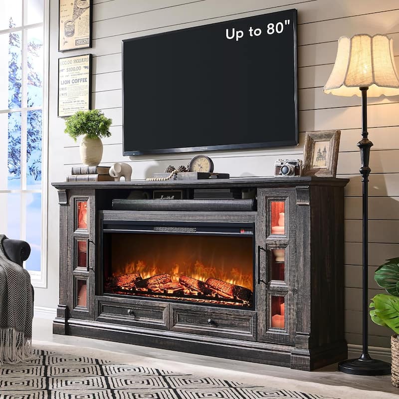 Farmhouse Fireplace TV Stand for up-to-80 TV, Entertainment Center - Dark Rustic Oak