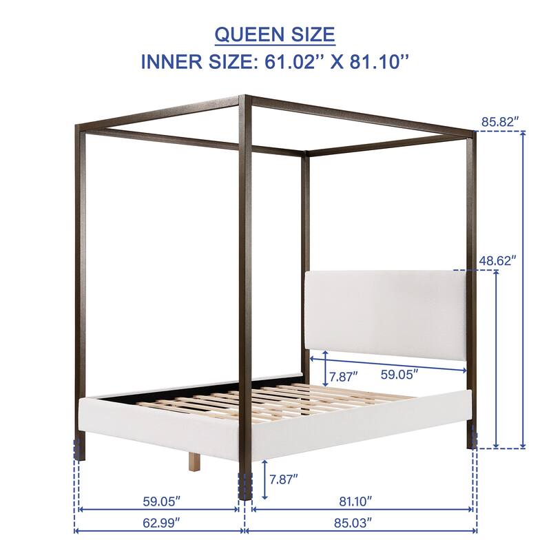 Metal Canopy Bed Frame with Upholstered Headboard & Copper 4 Poster/Wood Slats Support/No Box Spring Needed/Easy Assembly/White