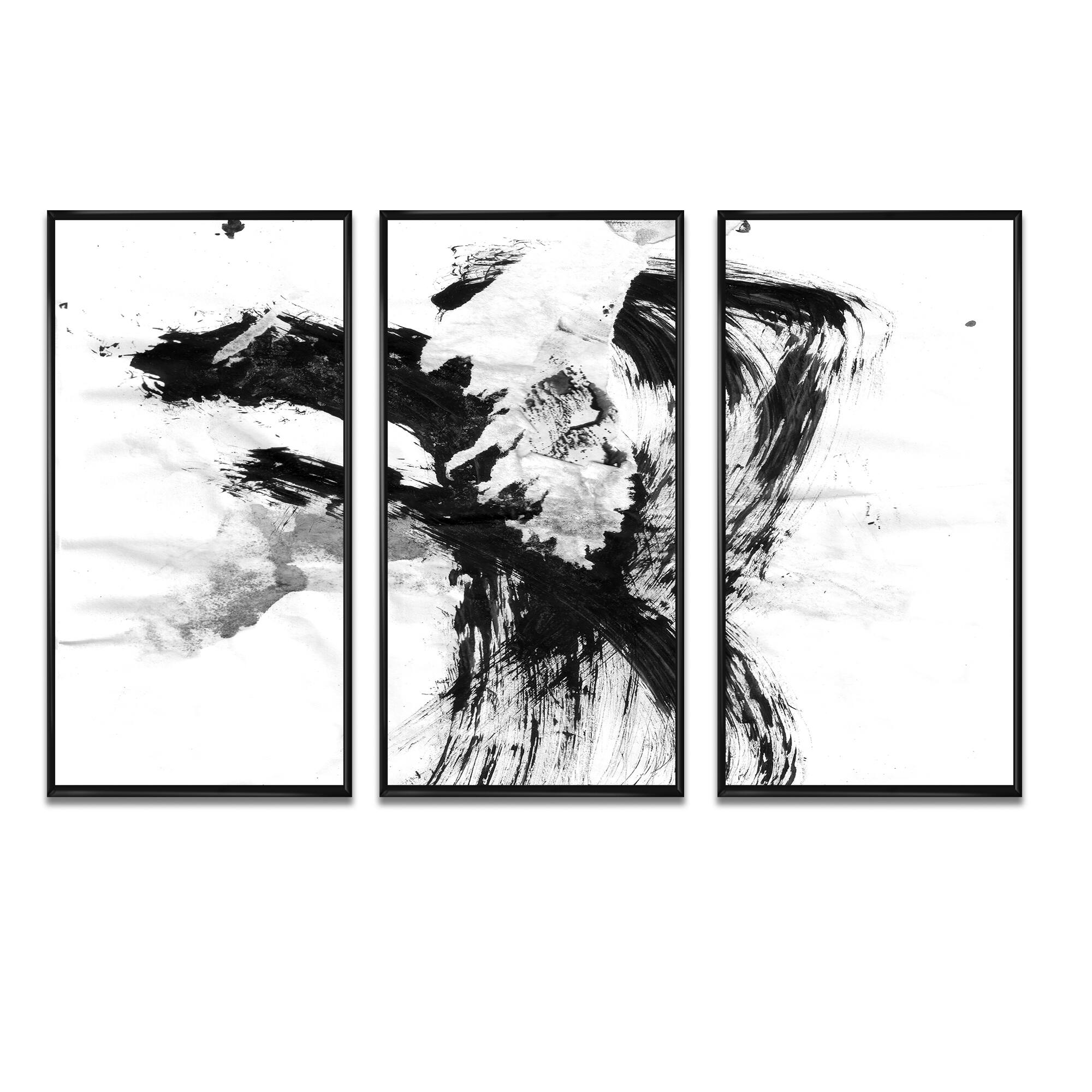 Designart "Black Paint Stain" Abstract Framed Art Prints Set of 3 4