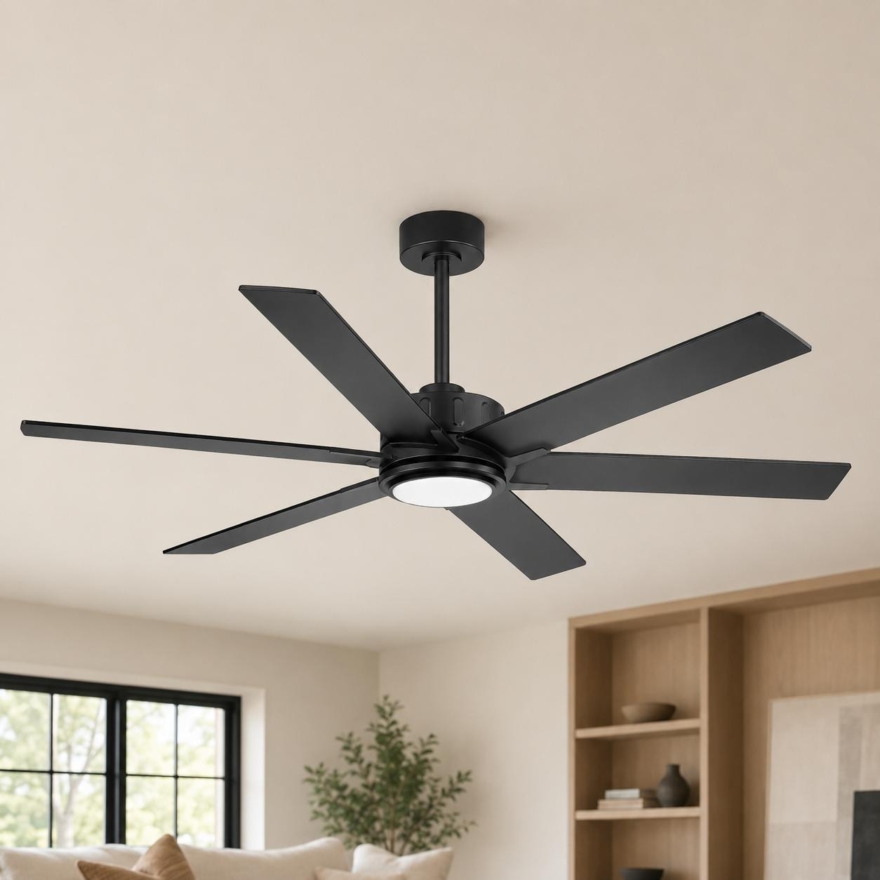 Airsurfer 60 in Ceiling Fan with Light, 6 Black Walnut Plywood Blades, Dimmable Acrylic Shade, Quiet DC Motor