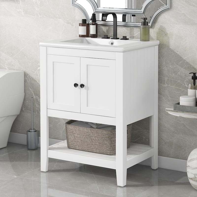 24" White Modern Sleek Bathroom Vanity Elegant Ceramic Sink with Solid Wood Frame Open Style Shelf