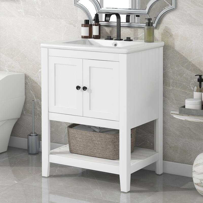 Bathroom Vanity Floor Storage Cabinet with Drop-In Sink and Open Shelf - White