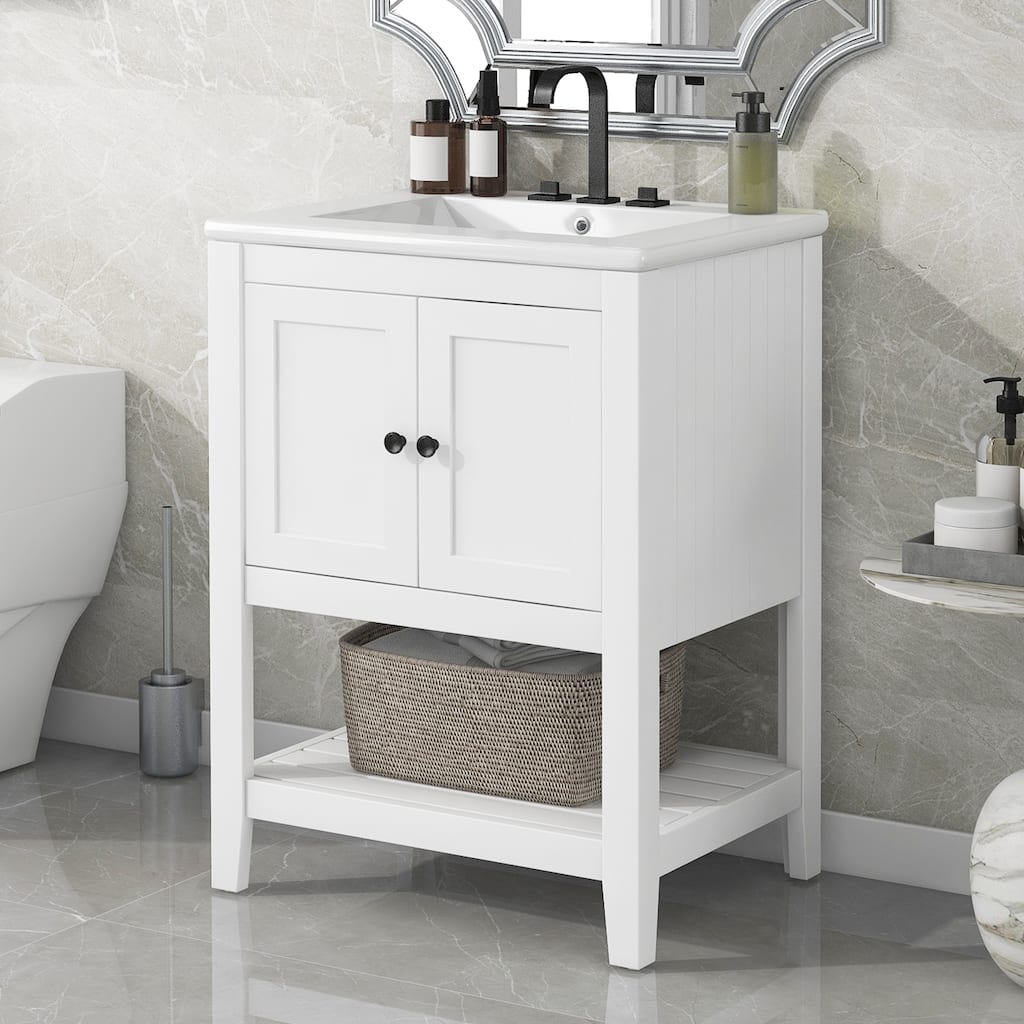 GDFStudio - Genevieve 24" Modern Bathroom Vanity with Ceramic Sink and Solid Wood Frame, Open Shelf Design