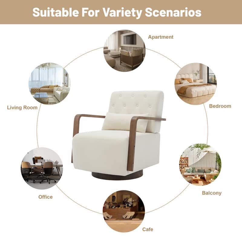 Solid Wood Swivel Accent Chair with Armrests and Lumbar Pillow - 360° Rotation