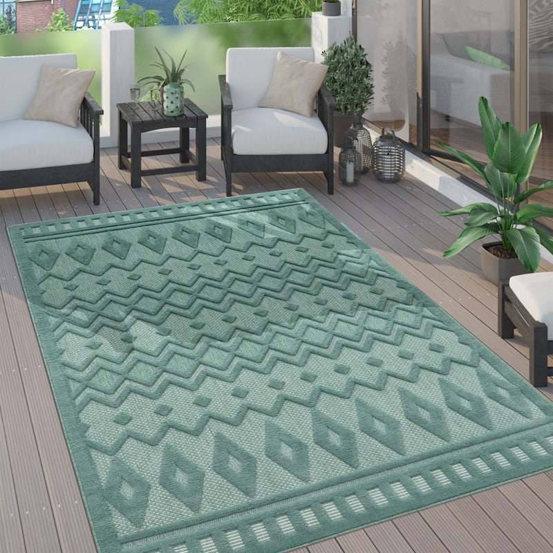 Indoor & Outdoor Rug With Geometric Trellis High-Low Pattern - turquoise - 2'8" x 4'11"