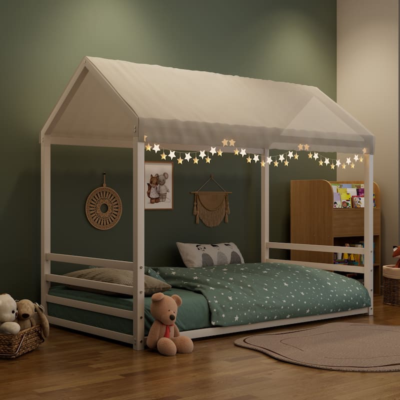 Montessori Style Metal Floor Bed Frame, House Shaped Bed for Kids and Toddlers, No Slats, House Bed