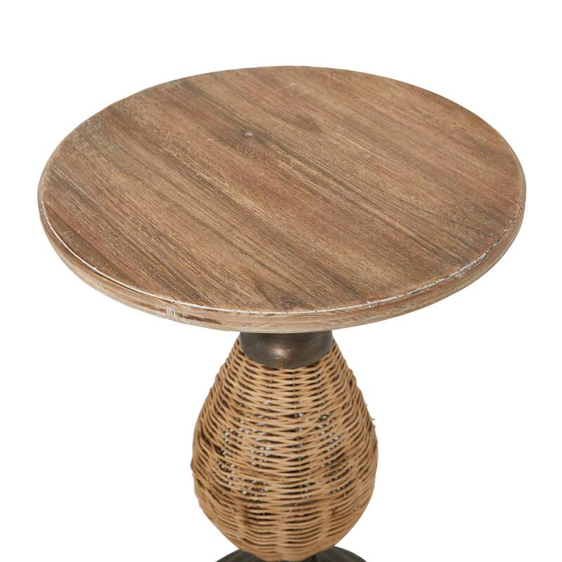 Brown or White Wood Farmhouse Accent Table with Black Metal and Rattan Base - 15"L x 15"W x 22"H