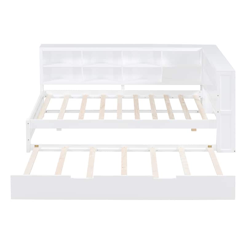 Wooden Twin Size DayBed with Twin Trundle, DayBed with Storage Shelf and USB Charging Ports,White