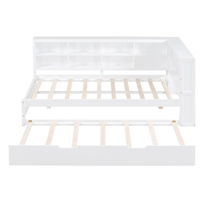 Wooden White Twin Size Daybed with Trundle Bed & Storage Shelf