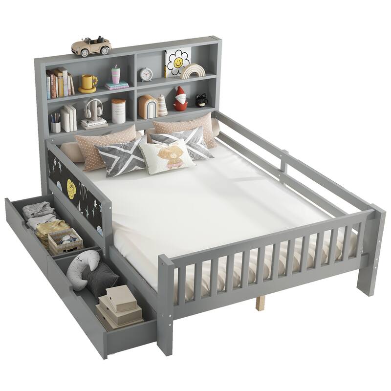 Full Platform Bed with Chalkboard, Solid Wood Platform Bed with Storage Drawers and Shelves, Space-saving Design